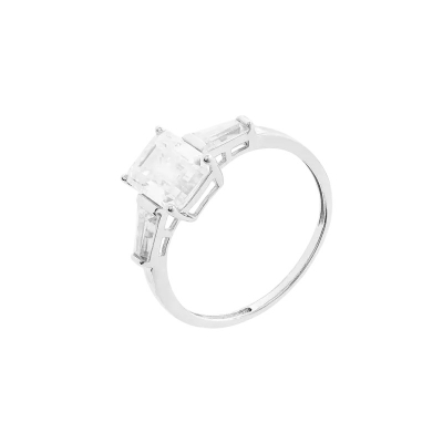 ANEL SOLITÁRIO MOISSANITE RETANGULAR COM BAGUETES LATERAIS