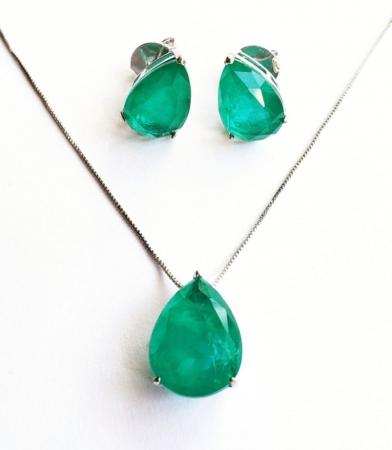 CONJUNTO BRINCO E COLAR PRATA - ESMERALDA